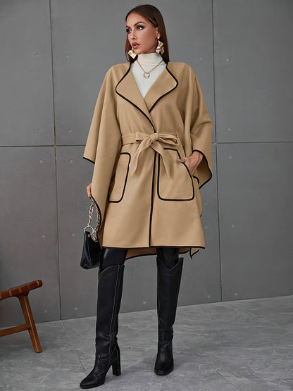 Contrast Trim Wrap Belted Lapel Coat, Elegant Long Batwing Sleeve Dual Pockets Longline Coat For Fall & Winter, Women's Clothing MyFave Boutique