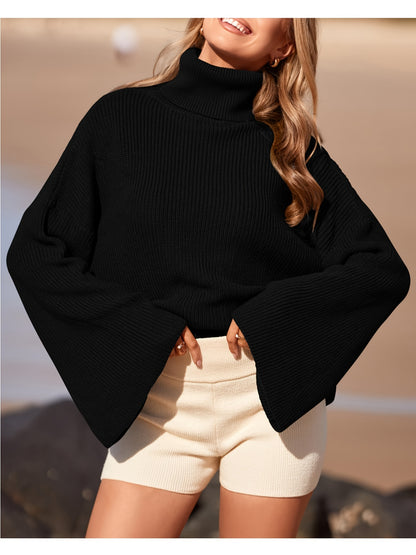 Solid Color Turtle Neck Pullover Sweater, Elegant Flared Long Sleeve Ribbed Knitted Sweater For Fall & Winter, Women's Clothing MyFave Boutique