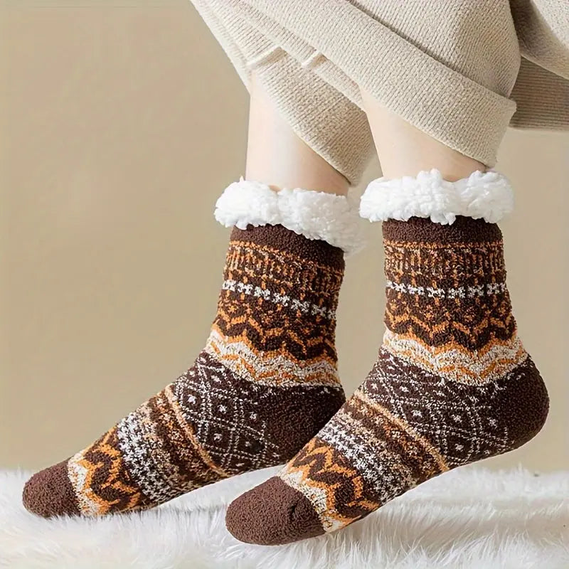 2 Pairs Of Thick Lamb Wool Socks, Winter Cold Resistant, Warm And Heat Storage Plush Socks, Silicone Anti Slip Floor Socks, Ethnic Style Outdoor Socks MyFave Boutique