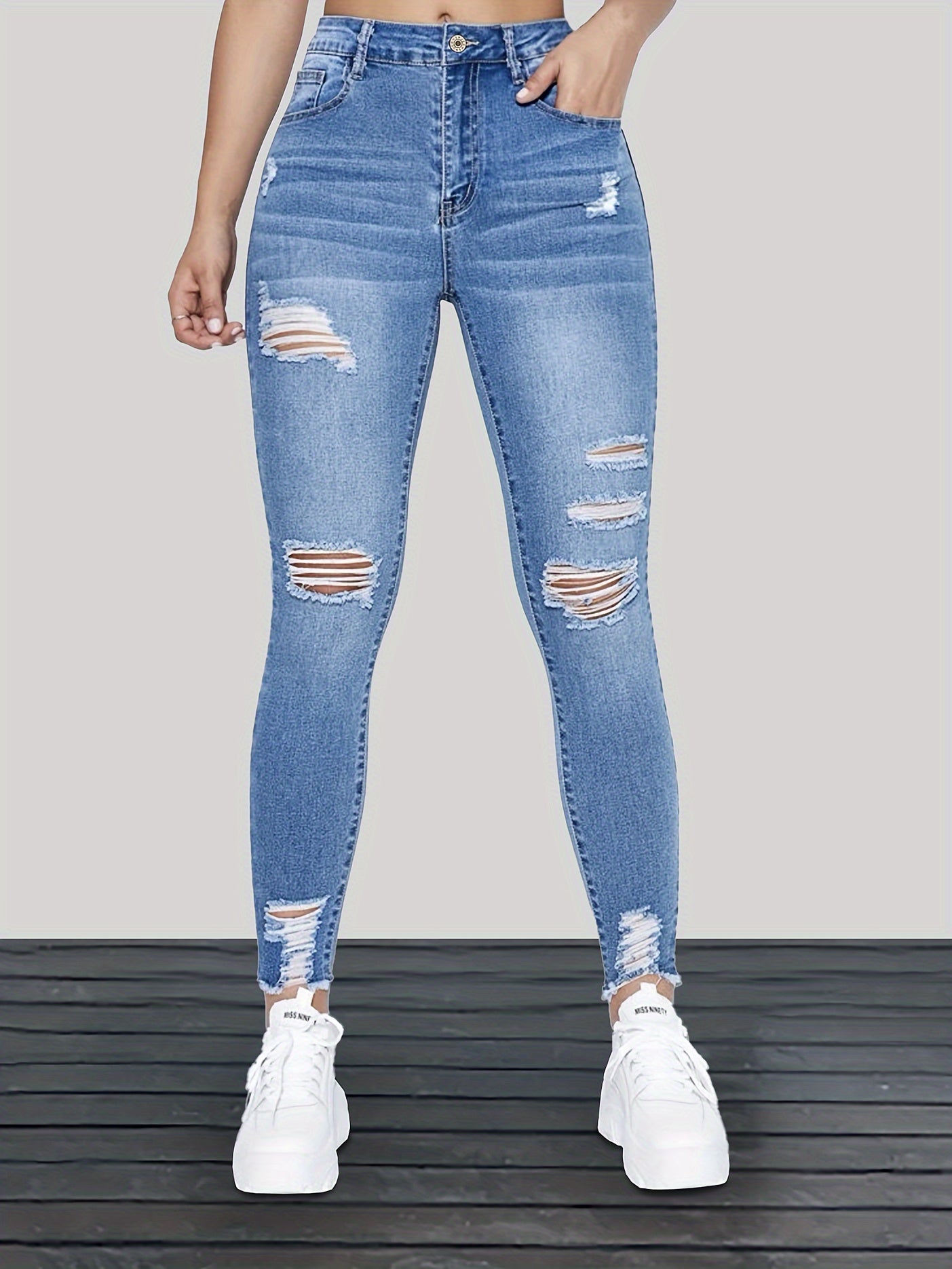 Womens Distressed Ripped Skinny Jeans - Comfortable High Stretch, Fashionable Washed Finish, Flattering Slim Fit with Trendy Raw Hem - Casual Denim Clothing MyFave Boutique