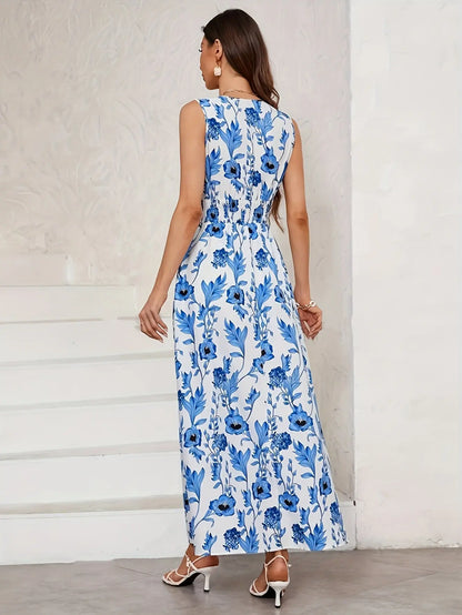 Floral Print V-neck Dress: Elegant A-line Sleeveless Maxi Dress for Spring & Summer, Women's Clothing MyFave Boutique