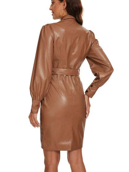 Solid Faux Leather Belted Dress, Vintage Single Breasted Long Sleeve Bodycon Dress, Women's Clothing MyFave Boutique