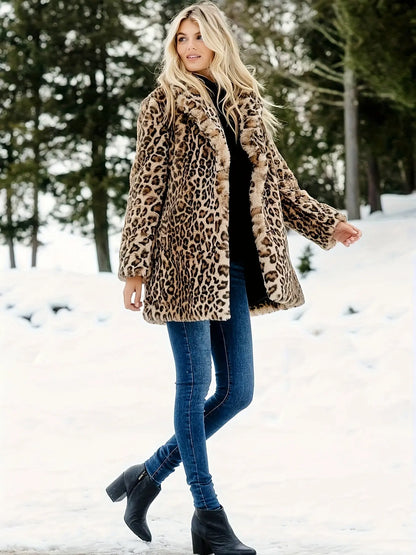 Elegant Leopard Print Faux Fur Coat for Women - 100% Polyester, All Season, Woven Stylish Outerwear MyFave Boutique