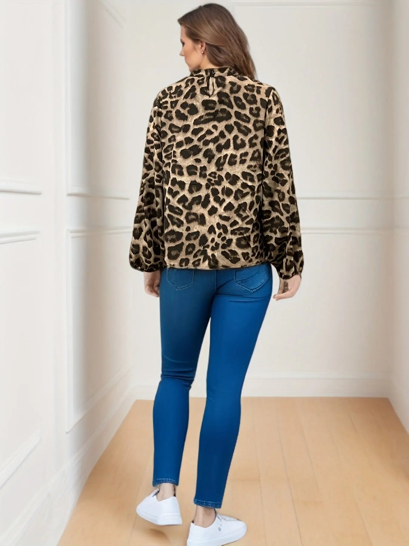 Leopard Print Mock Neck Blouse, Casual Long Sleeve Blouse For Spring & Fall, Women's Clothing MyFave Boutique