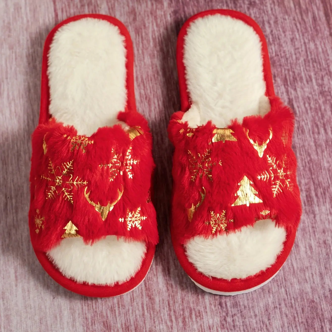 Women's Cozy Christmas Plush Open-Toe Slippers with Non-Slip EVA Sole MyFave Boutique