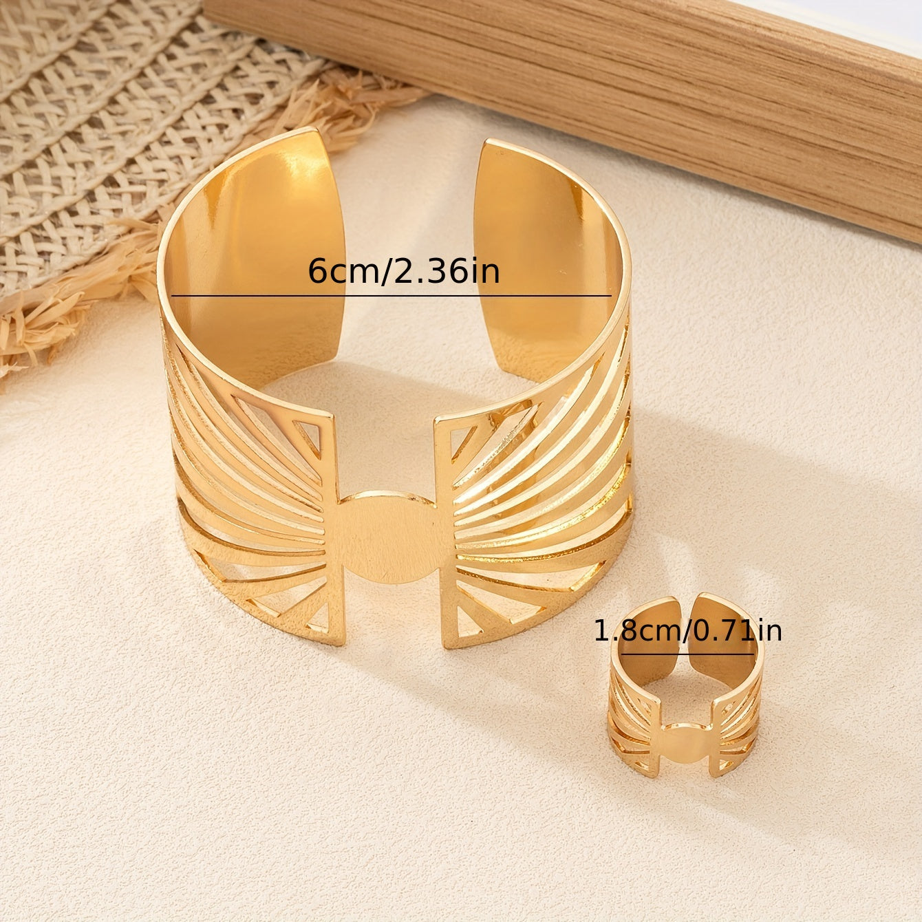 Elegant Golden-Tone Open Cuff Bracelet and Ring Set - Chic Hollow Design for Casual Attire, Parties, and Gifts MyFave Boutique