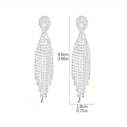 1 Pair Of Elegant Dangle Earrings Sparkling Tassel Design Paved Rhinestone Golden Or Silvery Pick A Color U Prefer Wedding Jewelry MyFave Boutique