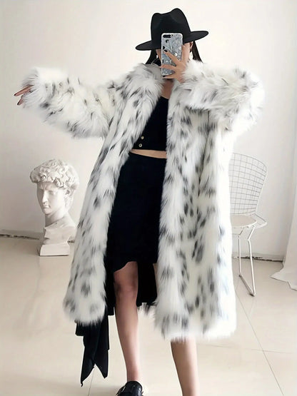 Leopard Print Open Front Faux Fur Coat, Long Sleeve Knee Length Thermal Coat for Women, Fall & Winter Fashion MyFave Boutique