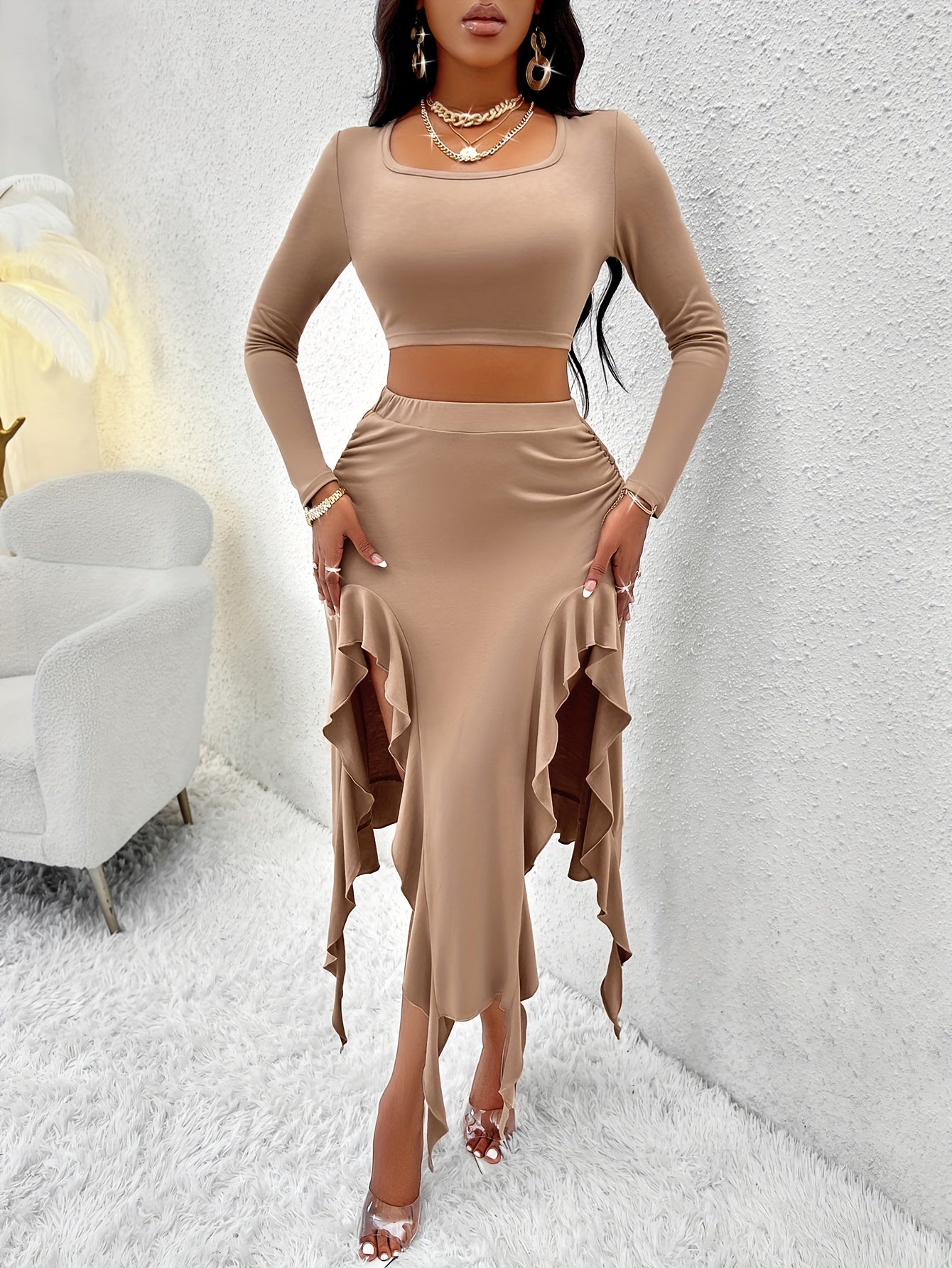 Sexy Solid Slim Two-piece Skirt Set, Long Sleeve Crop Top & Asymmetrical Ruffle Hem Skirt Outfits, Women's Clothing MyFave Boutique