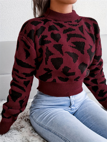 Women's Leopard Print Crop Sweater - Cozy Crew Neck Long Sleeve Top for Fall & Winter MyFave Boutique