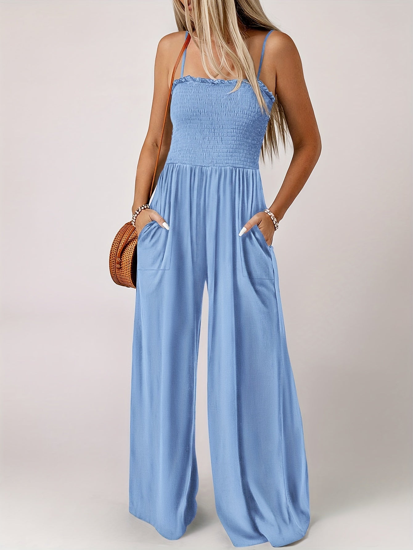 Solid Color Wide Leg Jumpsuit, Casual Spaghetti Strap Sleeveless Slant Pockets Jumpsuit For Spring & Summer, Women's Clothing MyFave Boutique