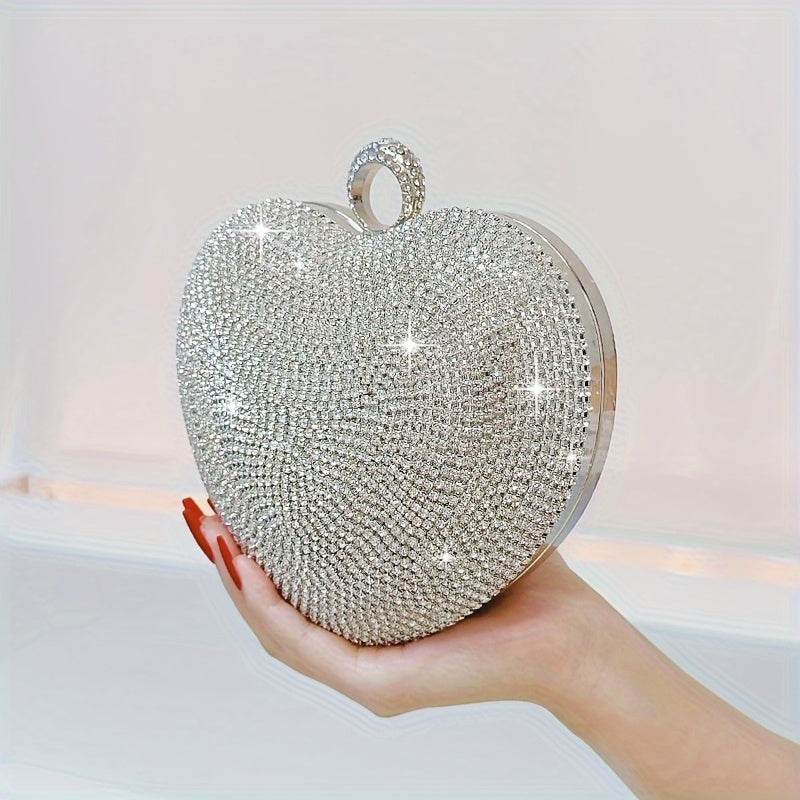 Sparkling Rhinestone Heart Evening Bag, Elegant Shiny Dinner Clutch Purse MyFave Boutique