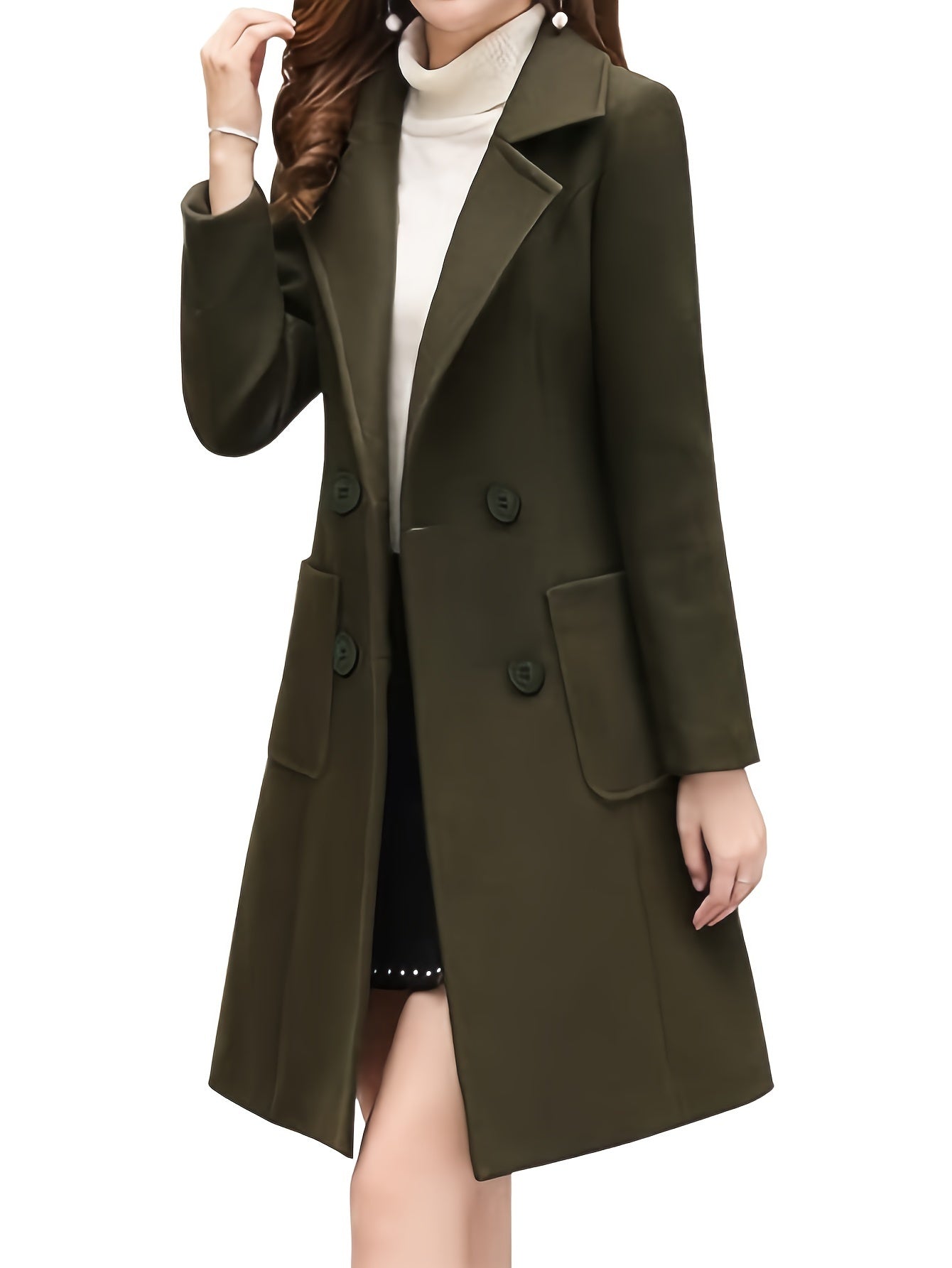 Women Wool Blend Winter Mid Long Coat Notch Double-Breasted Lapel Jacket Outwear MyFave Boutique