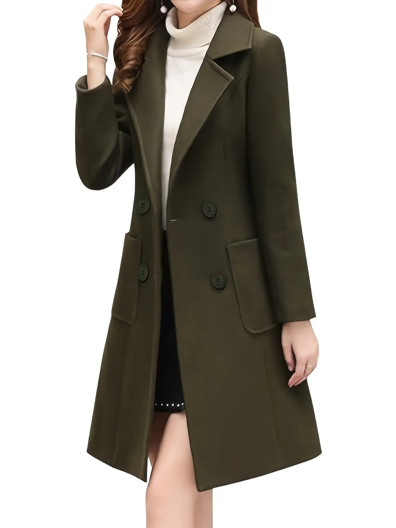 Women Winter Mid Long Coat Notch Double-Breasted Lapel Jacket Outwear MyFave Boutique