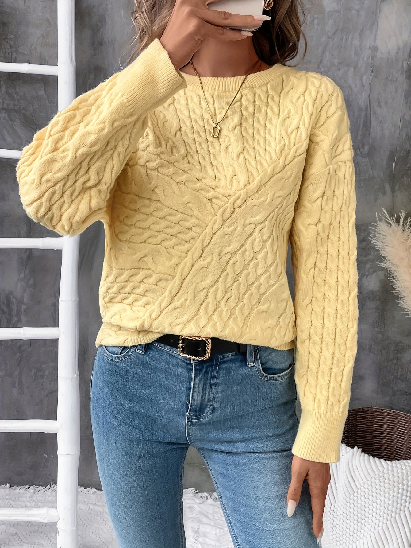 Cable Knit Crew Neck Sweater, Casual Solid Color Long Sleeve Sweater For Fall & Winter, Women's Clothing MyFave Boutique