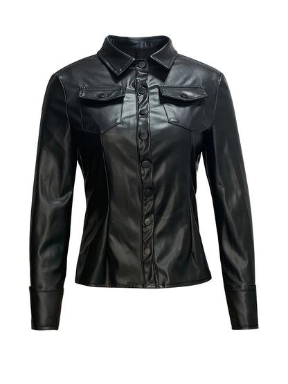 Faux Leather Button Front Jacket, Stylish Long Sleeve Jacket For Spring & Fall, Women's Clothing MyFave Boutique