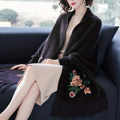 Faux Fur Embroidered Shawl Cheongsam Outer TasselCloak Scarf Elegant Female Thick Shawl Autumn Winter Scarf With Send A Brooch MyFave Boutique