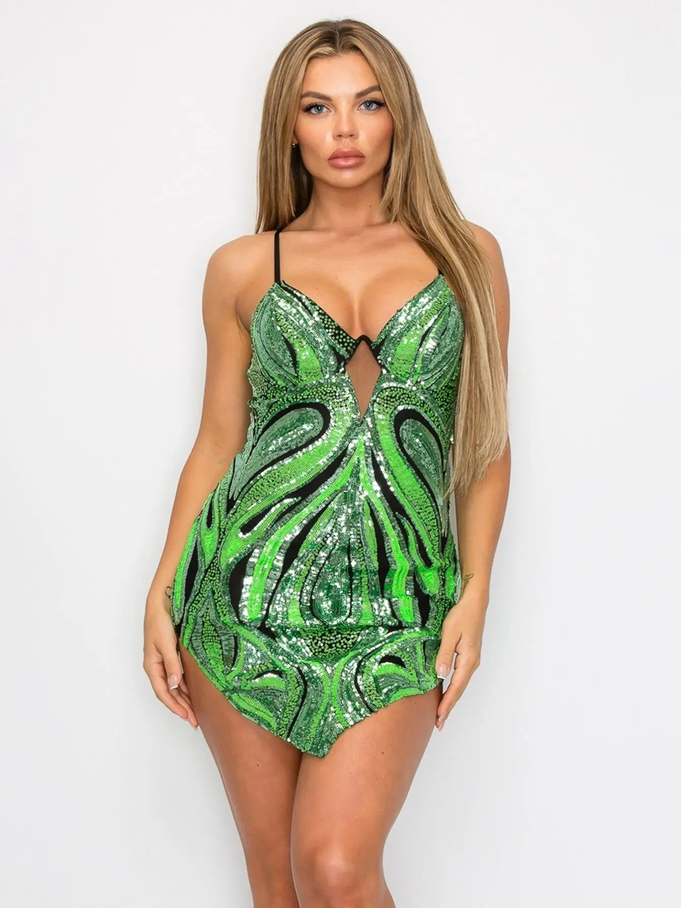 Vivid Orange and Green Sparkling Sequin Mini Dress - Sexy Sleeveless Bodycon with V-Neck and Adjustable Straps MyFave Boutique