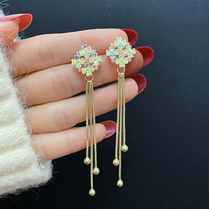 Elegant Golden Tassel Drop Earrings With Crystal Flowers & Zircon - 925 Silvery Post, Perfect For Daily Wear Or Parties Beaded Earrings For Women Flower Earrings For Women MyFave Boutique