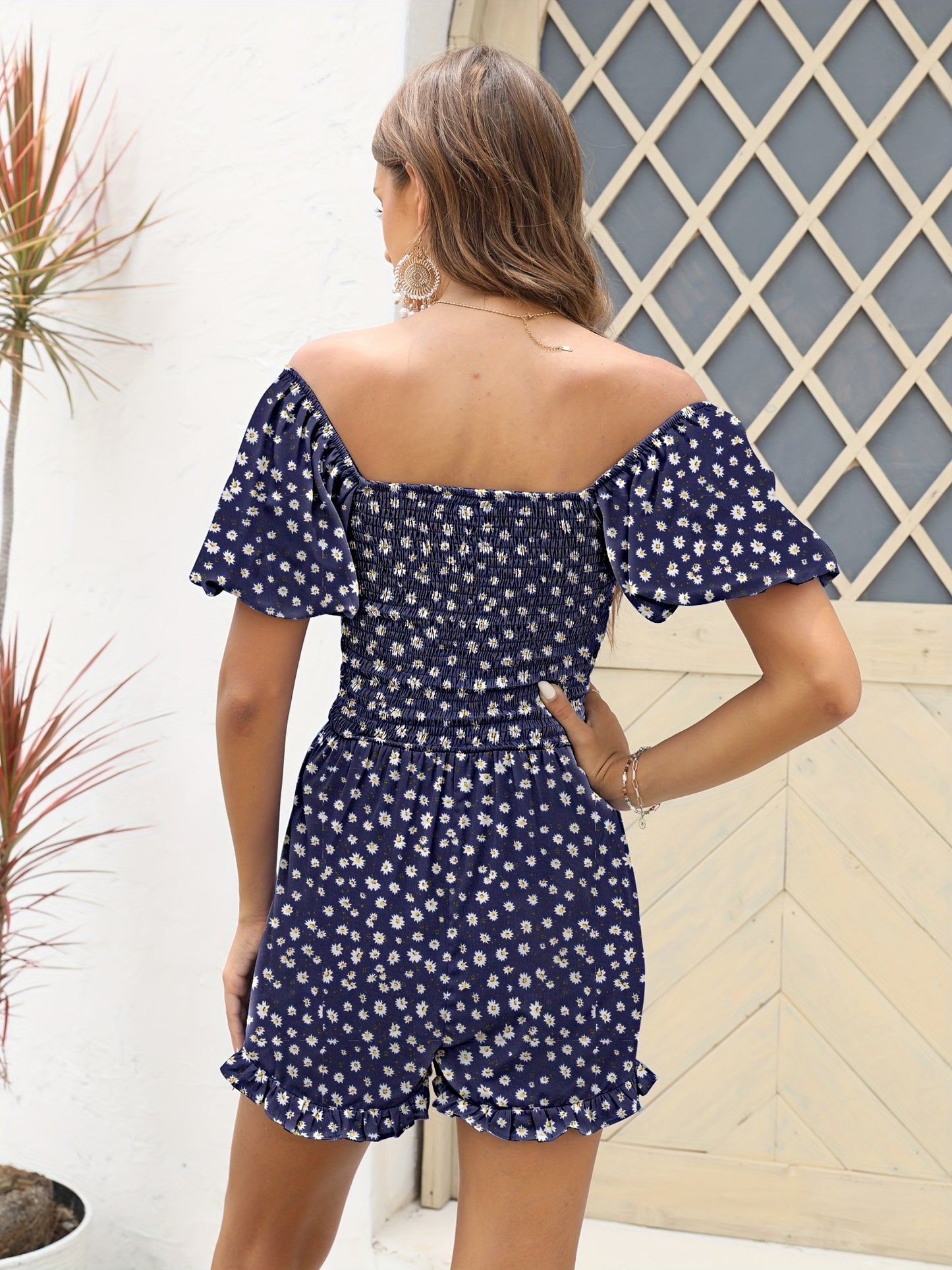 Floral Print Off Shoulder Romper Jumpsuit - Women's Vacation Short Sleeve Romper for Spring & Summer MyFave Boutique