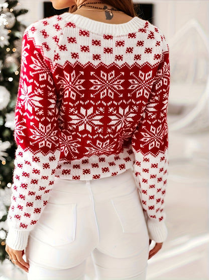 Christmas Pattern Crew Neck Pullover Sweater, Casual Long Sleeve Sweater For Fall & Winter, Women's Clothing MyFave Boutique