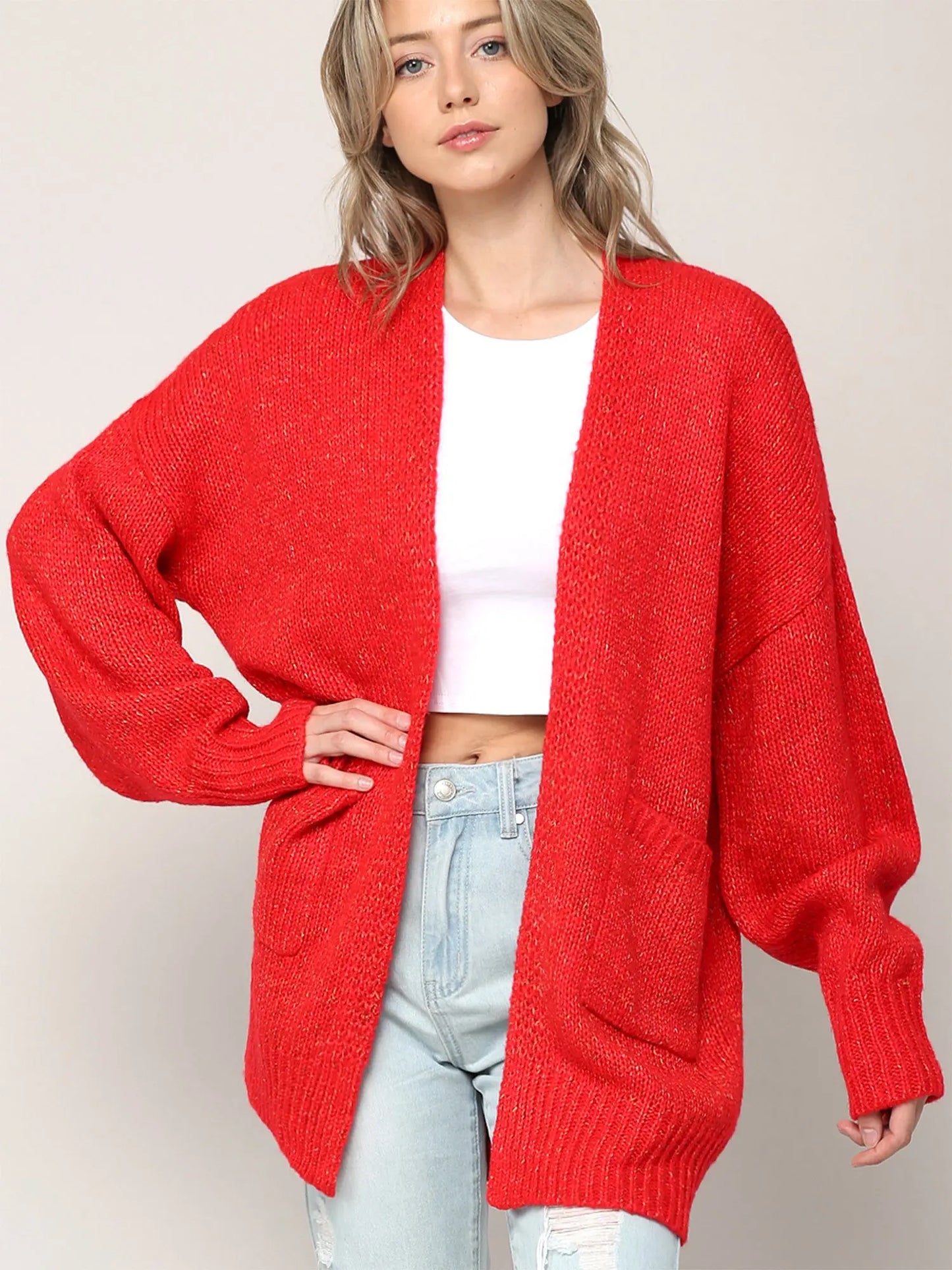 Women's Chunky Knit Batwing Cardigan - Open Front, Long Sleeve, Baggy Sweater with Pockets MyFave Boutique