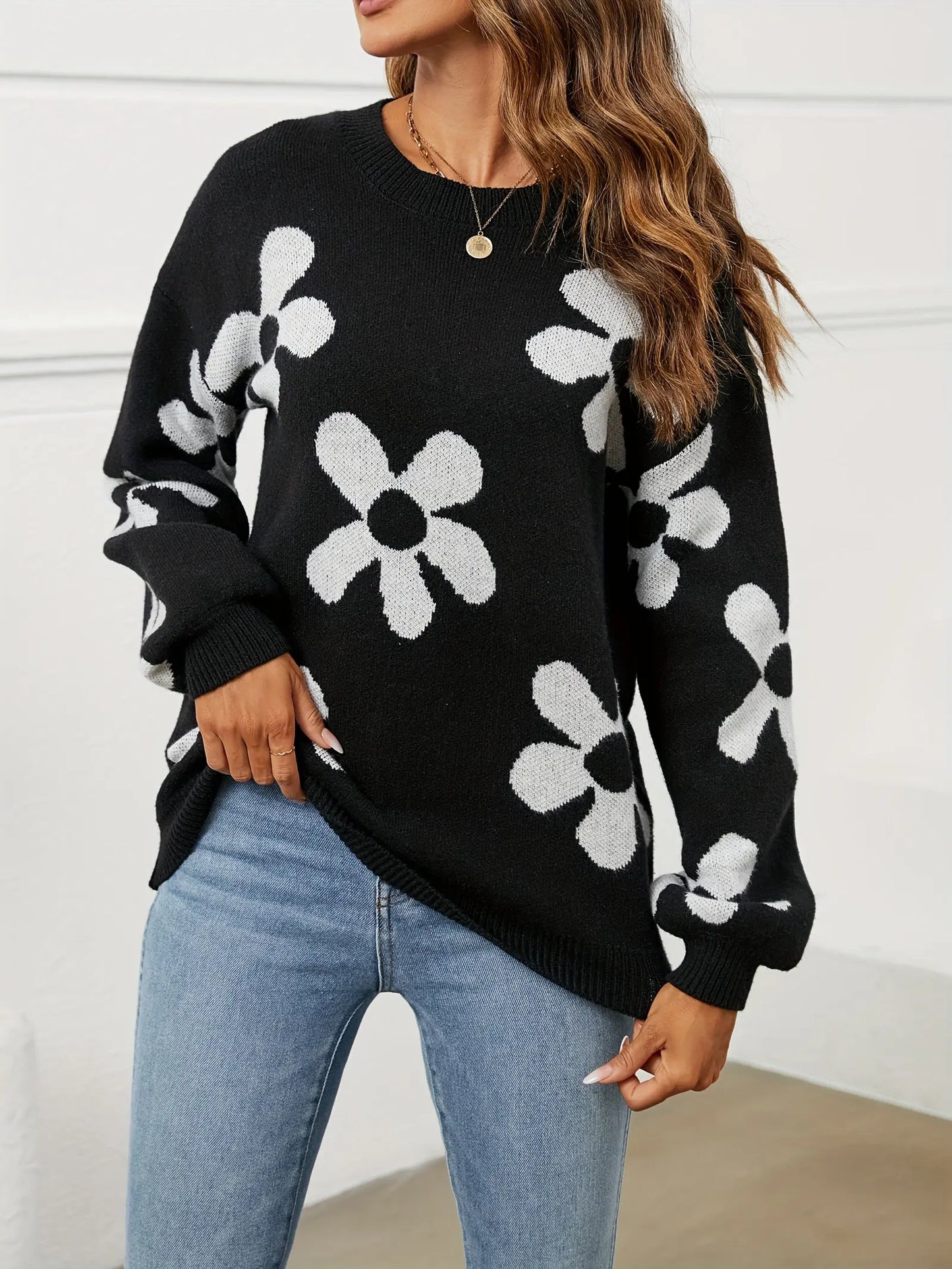 Floral Pattern Crew Neck Sweater, Elegant Long Sleeve Sweater For Fall & Winter, Women's Clothing MyFave Boutique