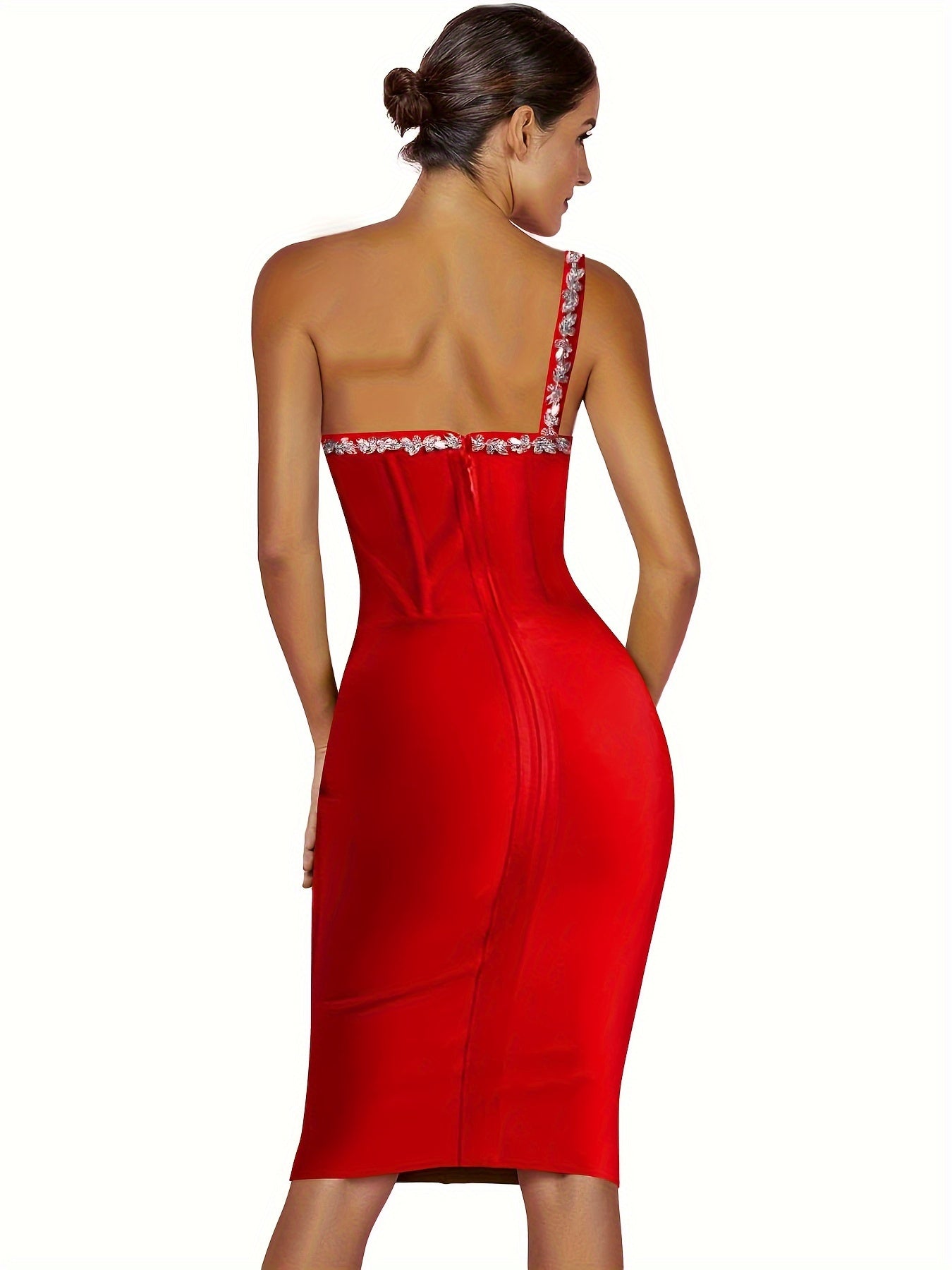 Women's Rhinestone One Shoulder Bandage Dress Midi Bodycon Dress Cocktail Party MyFave Boutique