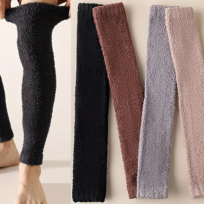 2 Pairs Solid Coral Fleece Leg Warmers, Unisex Thick Warm Knee High Socks For Fall & Winter, Women's Stockings & Hosiery MyFave Boutique