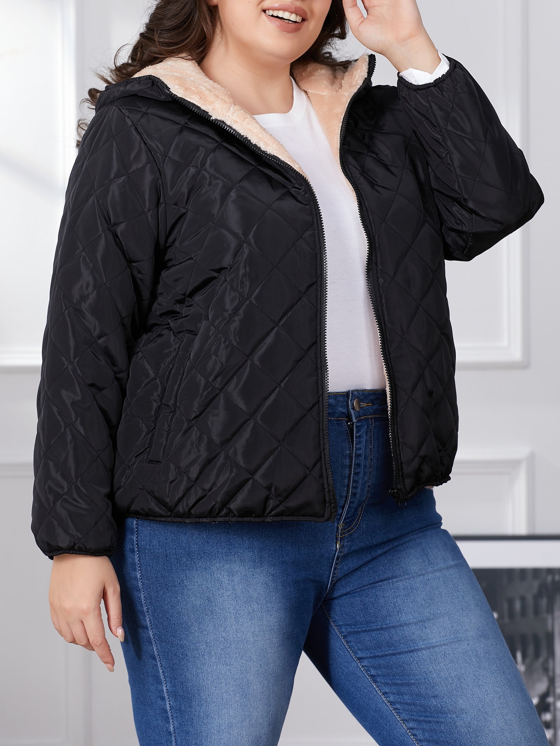 Plus Size Color Block Quilted Pocket Coat, Casual Fuzzy Hooded Long Sleeve Full Zipper Coat For Winter, Women's Plus Size Clothing MyFave Boutique