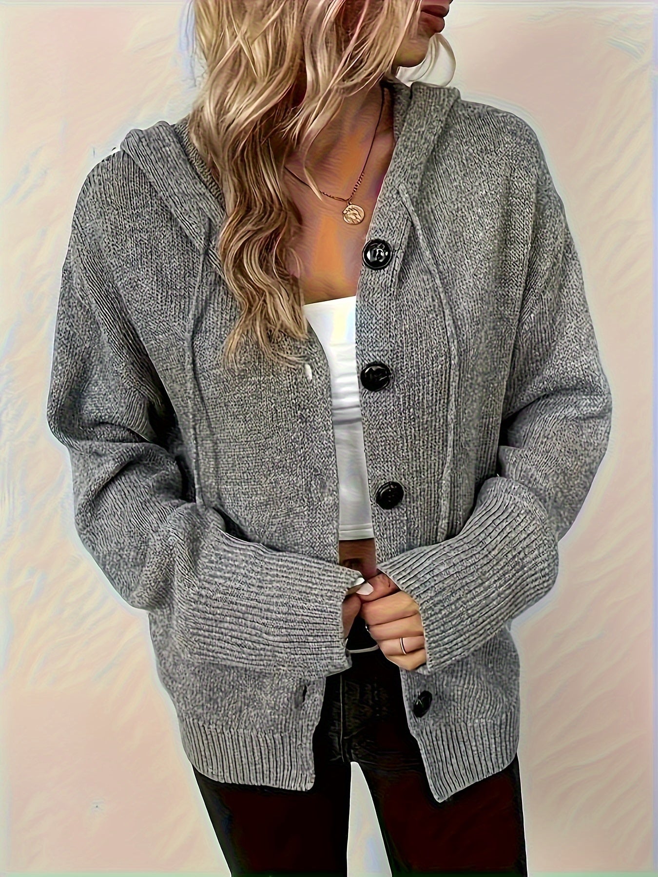 Solid Color Knit Drawstring Hooded Cardigan, Casual Button Front Cardigan Long-sleeved Jacket, Women's MyFave Boutique