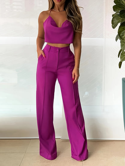 Solid Elegant Two Piece Set, Cowl Neck Backless Halter Top & High Waist Pocket Wide Leg Pants Outfits, Women's Clothing MyFave Boutique