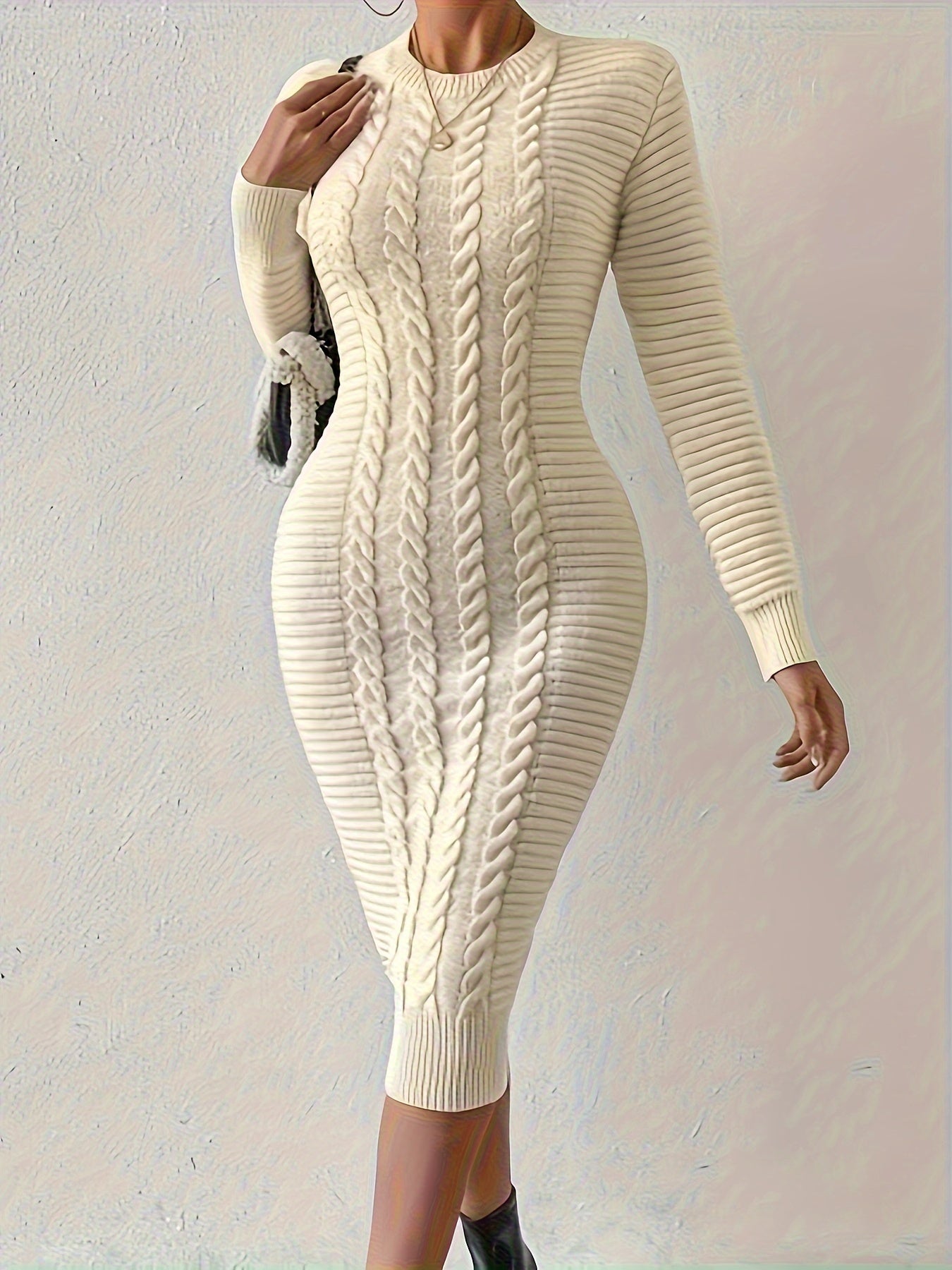 Cable Knit Bodycon Dress, Elegant Solid Color Long Sleeve A-line Dress For Spring & Fall, Women's Clothing MyFave Boutique