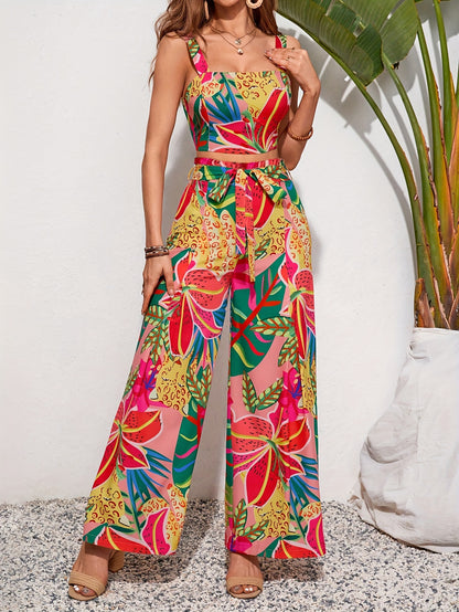 Vacation Style Tropical Print Pants Set, Square Neck Crop Tank Top & High Waist Wide Leg Pants, Women's Clothing MyFave Boutique