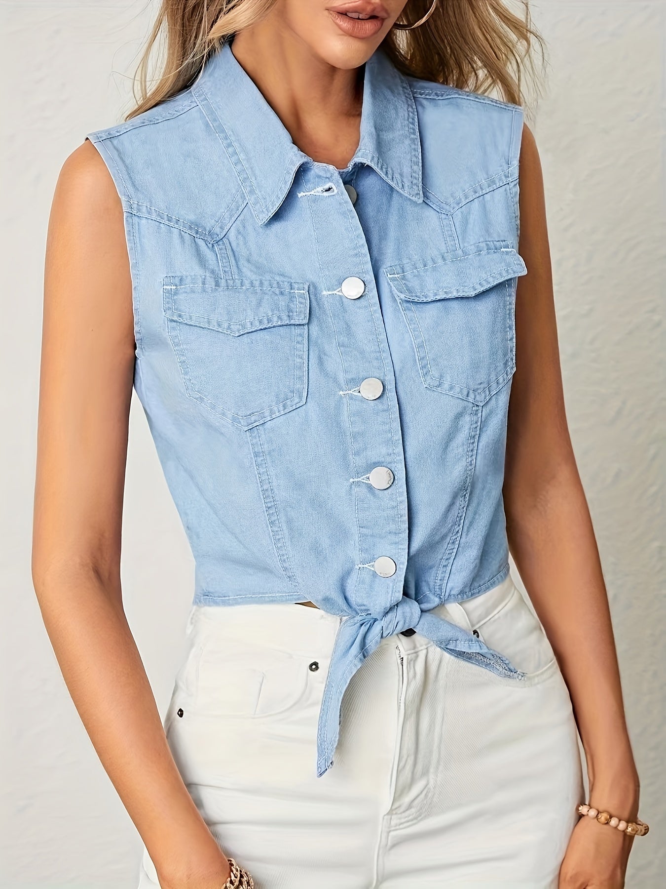 Women's Sleeveless Denim Tie-Front Shirt with Flap Pockets, Elegant Style, Chic Summer Top for Casual Wear MyFave Boutique