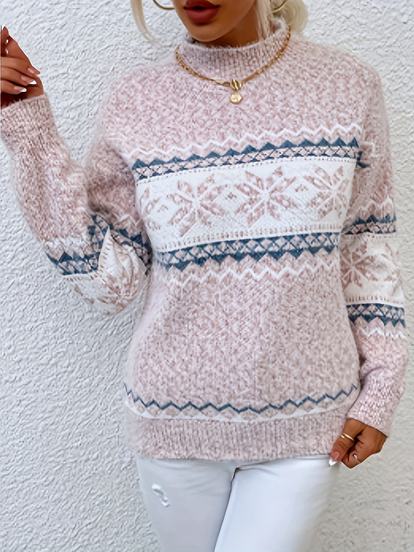 Cozy Snowflake Mock Neck Sweater - Warm Long Sleeve Pullover for Women MyFave Boutique