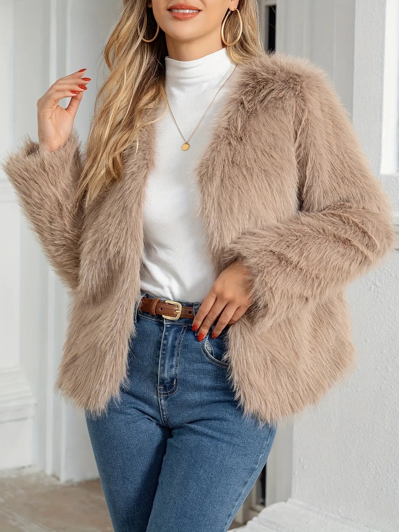 Solid Open Front Furry Cost, Elegant Long Sleeve Coat For Winter, Women's Clothing MyFave Boutique