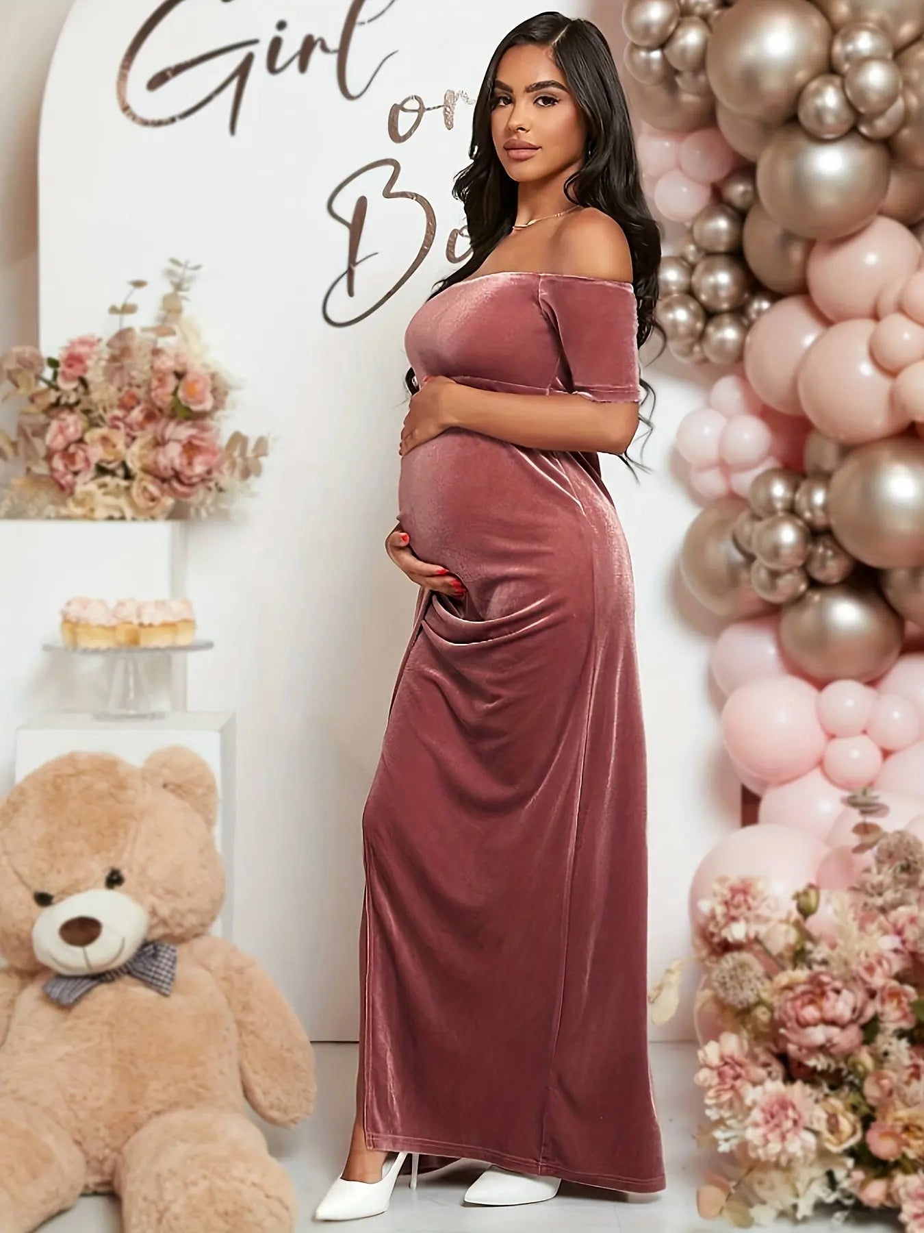 Women's Maternity Solid Off Shoulder Maxi Dress For Party'photography MyFave Boutique