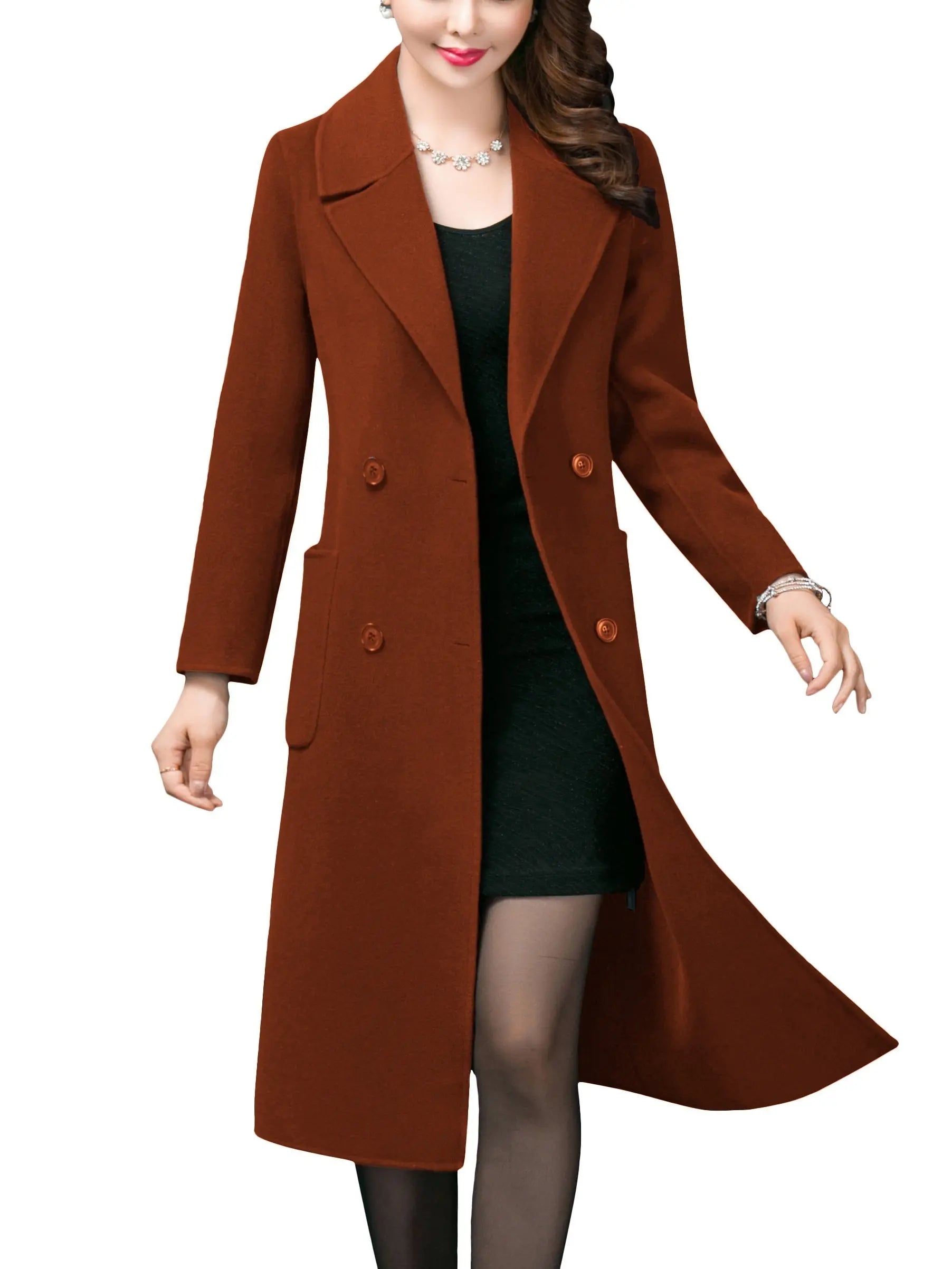 Women's Winter Fashion Mid Long Solid Lapel Trench Coat Wool Blend Warm Casual Pea Jacket MyFave Boutique