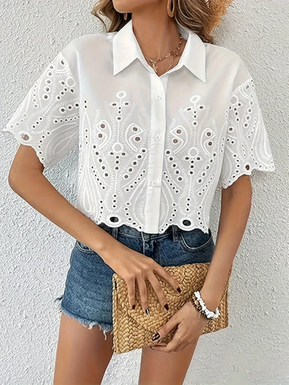 Eyelet Embroidered Button Front Shirt, Casual Short Sleeve Scallop Trim Shirt For Spring & Summer, Women's Clothing MyFave Boutique