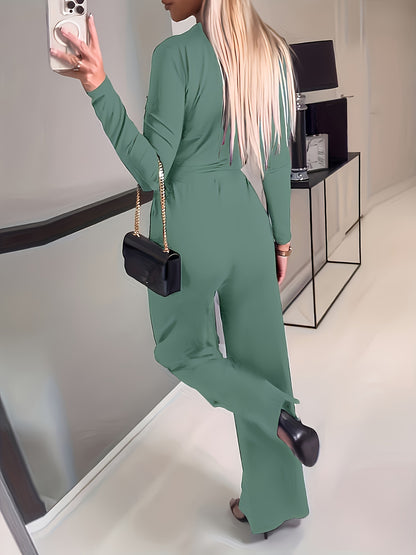 Solid V-neck Belt Wide Leg Jumpsuit, Elegant Slim Long Sleeve Jumpsuit For Spring & Summer, Women's Clothing MyFave Boutique