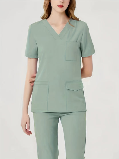 Comfortable & Functional Matching Two-piece Set, Pockets V-neck Top & Solid Pants Health Care Uniform, Women's Clothing MyFave Boutique