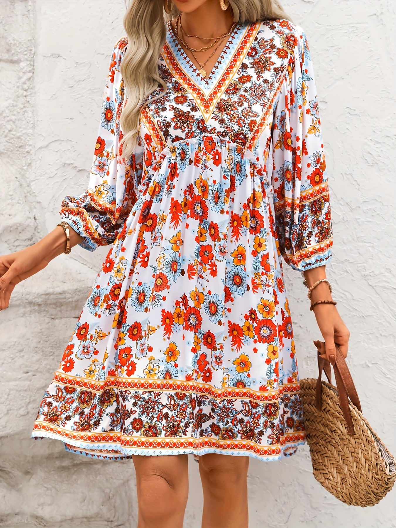 Floral Print V Neck A-line Dress, Casual Long Sleeve Dress For Spring & Fall, Women's Clothing MyFave Boutique