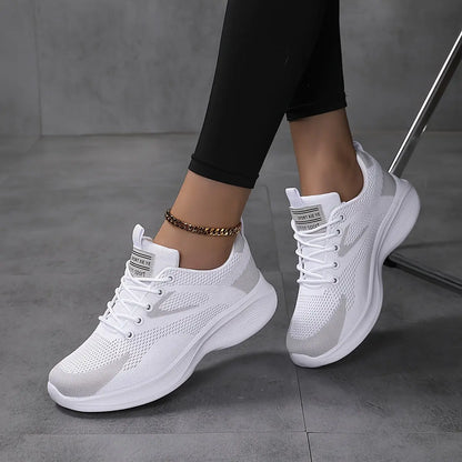 Women's Solid Color Mesh Sneakers, Lace Up Lightweight Soft Sole Walking Shoes, Breathable Low-top Daily Wear MyFave Boutique