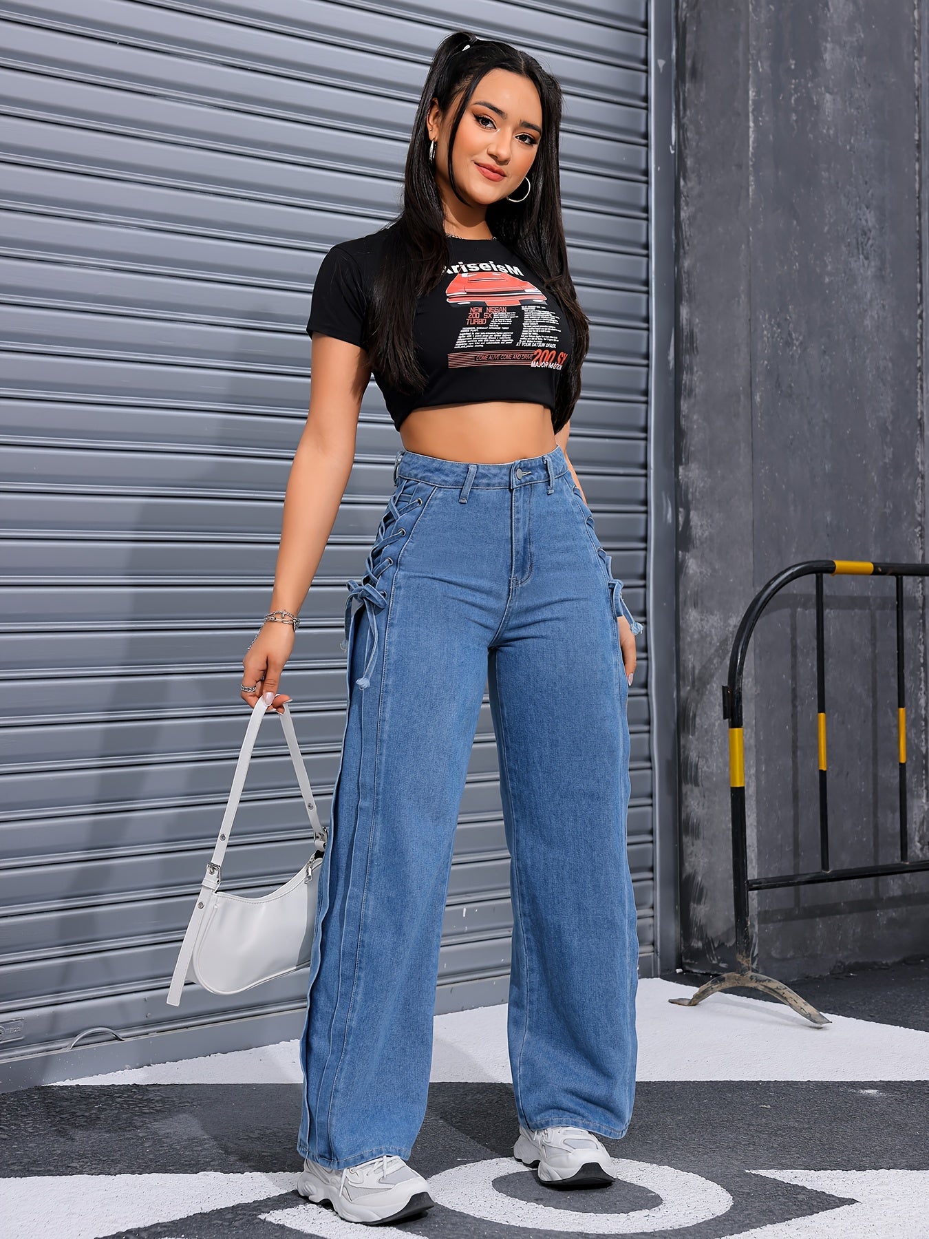 High-Waisted Wide Leg Denim Pants - Lace-Up Closure, Non-Stretch Fabric, Solid Color, Street Style, Customized Fit, All-Season Wear, Comfortable and Chic MyFave Boutique