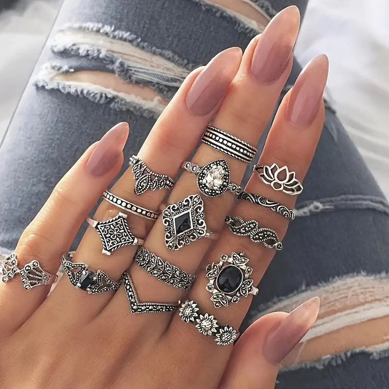 15-piece women's hollowed-out lotus knuckle ring, crown set with Drops, Didi vintage overlapping ring MyFave Boutique