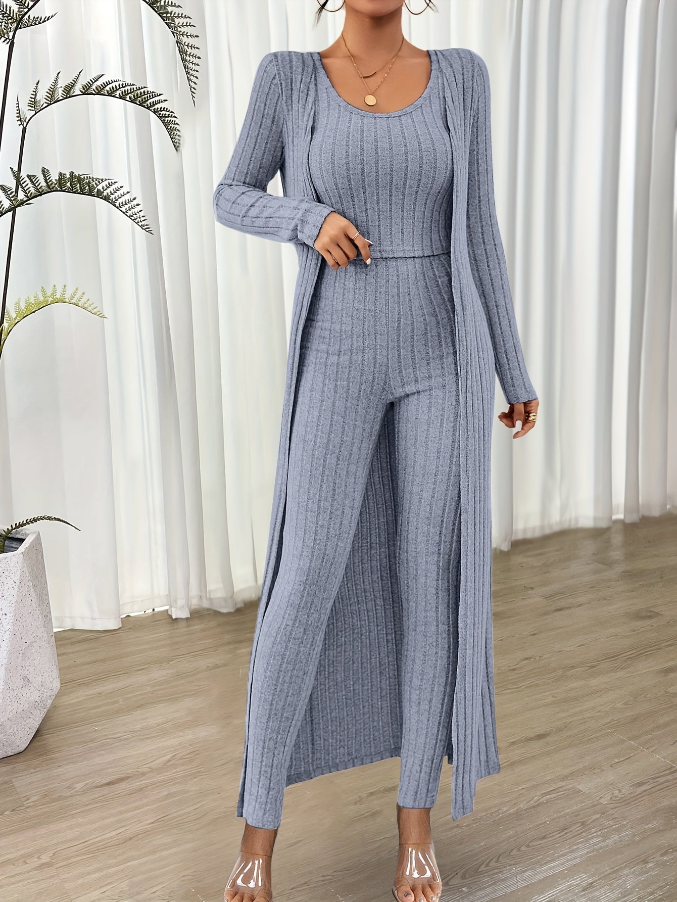 Ribbed Solid Three-piece Set, Crop Tank Top & Long Sleeve Cardigan & High Waist Pants Outfits, Women's Clothing MyFave Boutique