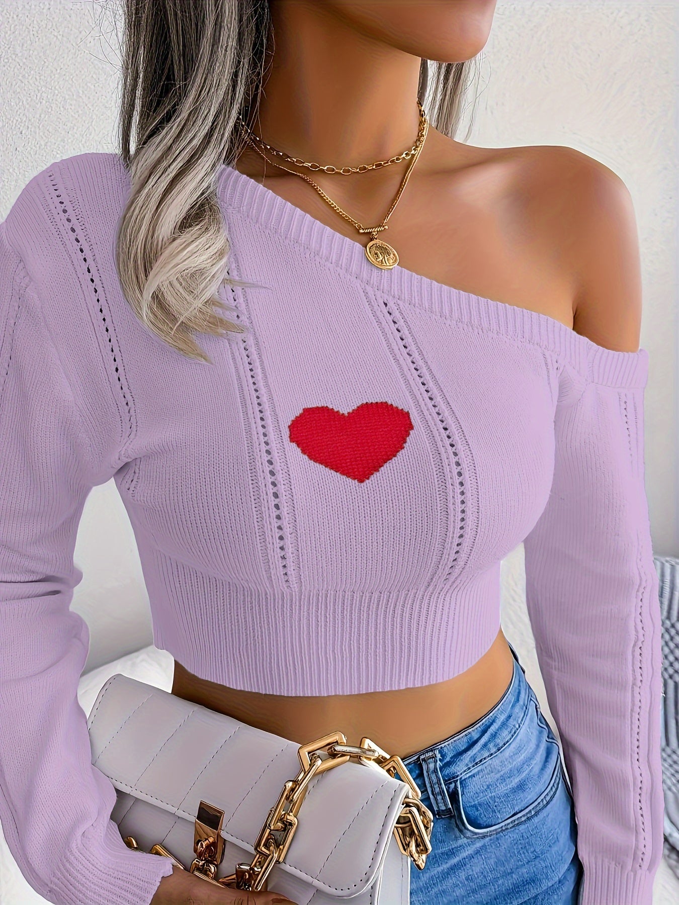 Women's One Shoulder Crop Sweater - Long Sleeve Skew Neck Pointelle Knit Top for Fashionable and Comfortable Style MyFave Boutique