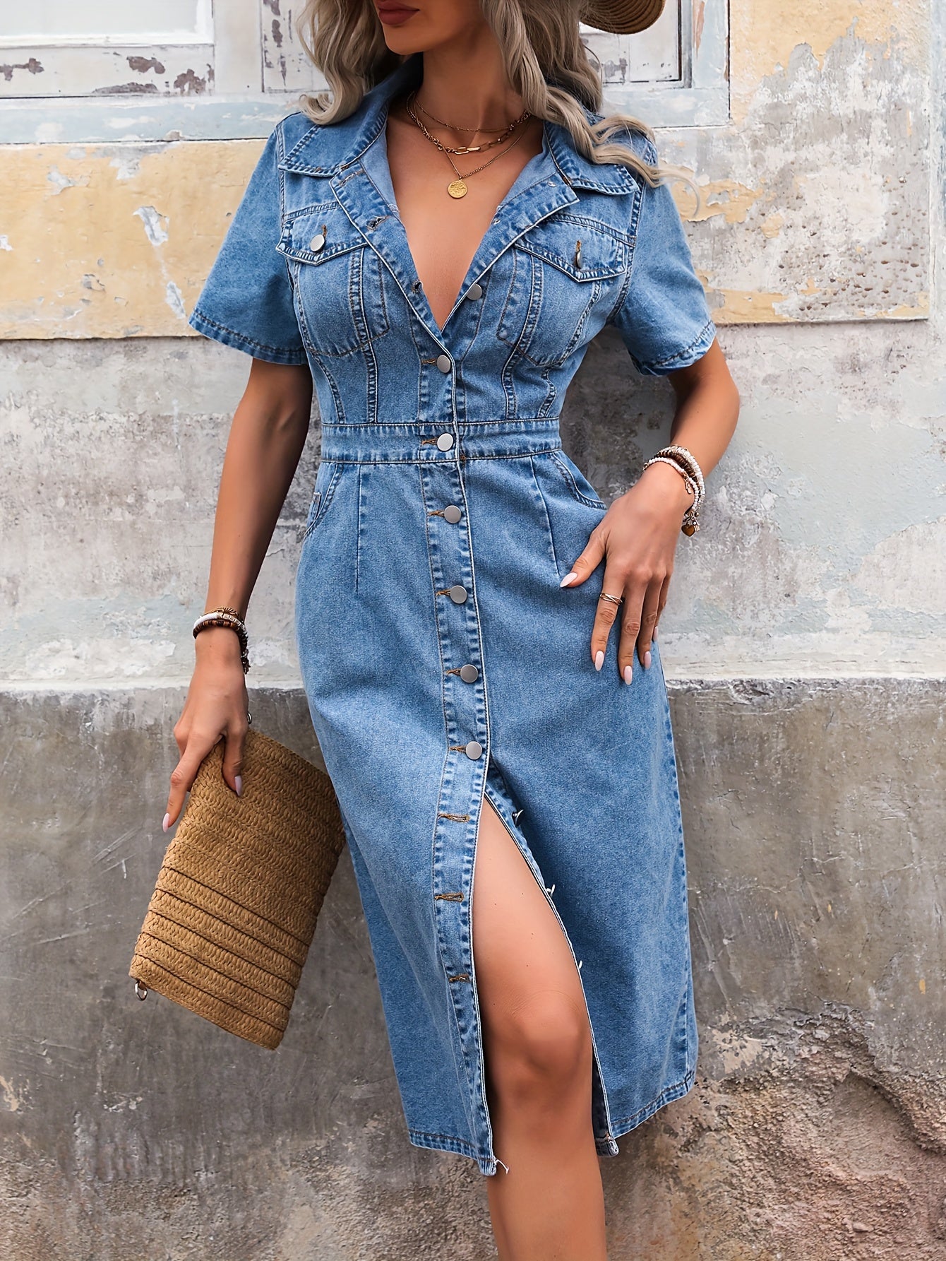 Women's Casual Plain Short Sleeve Mid-Length Denim Dress With Button Front And Elegant Silhouette MyFave Boutique