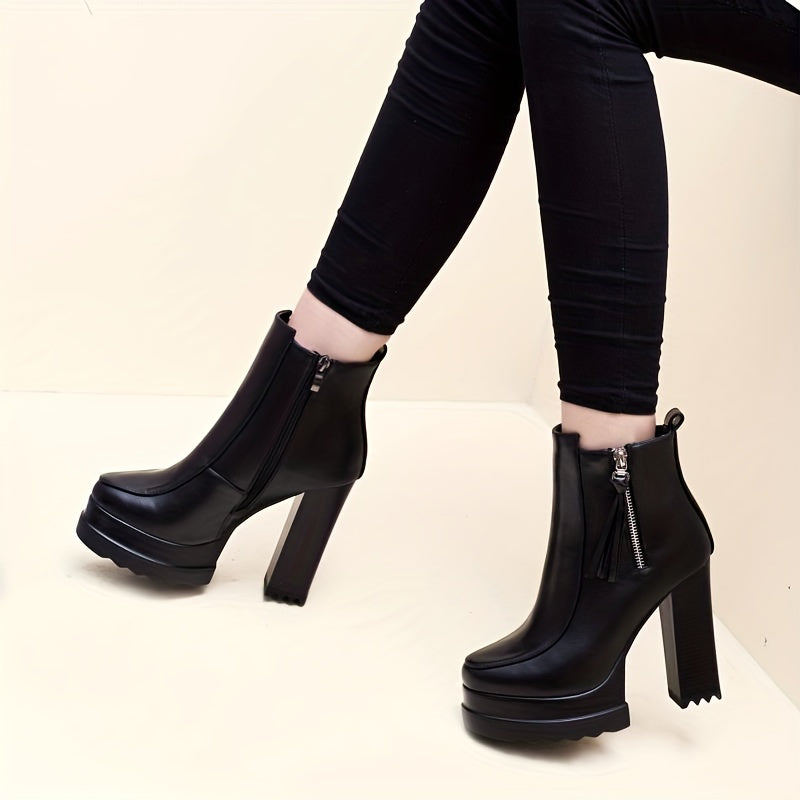 Women's Solid Color Block Heeled Boots, Fashion Side Zipper Dress Boots, Stylish Faux Leather Boots MyFave Boutique